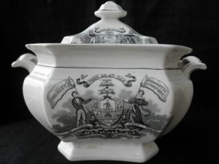 Rare Antique Staffordshire Temperance Historical Transferware Covered Dish Bowl photo