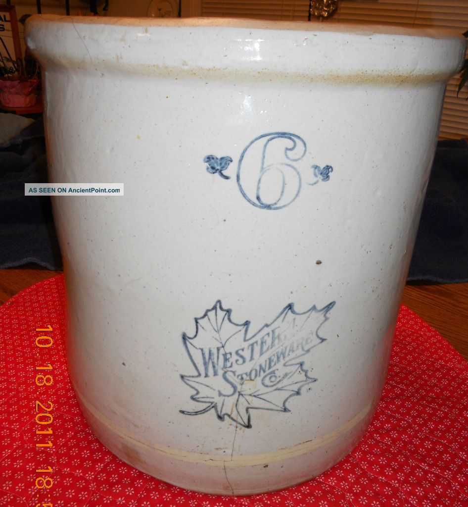 6 Gallon Crock Western Stoneware Co Maple Leaf 6 Blemishes,  Intact Fantastic Crocks photo