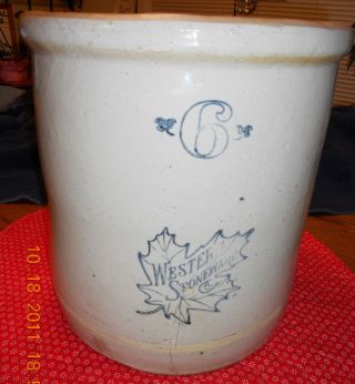 6 Gallon Crock Western Stoneware Co Maple Leaf 6 Blemishes,  Intact Fantastic photo