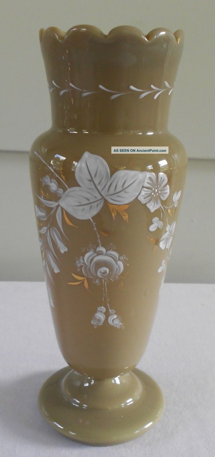 Bristol Glass Vase Creamy Green Opaque Handpainted Flowers Gold Gilt Vases photo