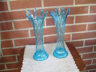 Antique Dugan Spiralex Electric Blue 8 Rib Twist Vases - 1 Pair - 10.  5 