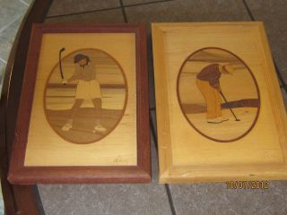 2 Signed Vtg Hand Crafted Wood Marquetry Inlay Inlaid Art Golf Man Woman Hudson photo