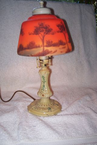 Hand - Painted Reverse Painted Budoir Lamp Circa 1910 - 1930 photo