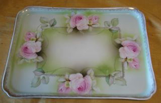 Antique Prussia Green Vanity Tray W Pink Roses: Crown Over Eagle Mark 11 