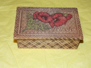 1915 Jewels Red Floral Jewelry Box Wood Burnt Marked With Patent photo