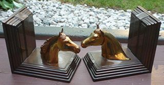 Vintage Pair Of Horse Head Bookend.  Brass Head And Pot Metal Base.  Stamped Pmc photo