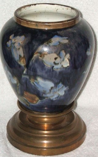 Antique Porcelain Floral Vase On Solid Heavy 2 Piece Brass Base,  Very Old photo