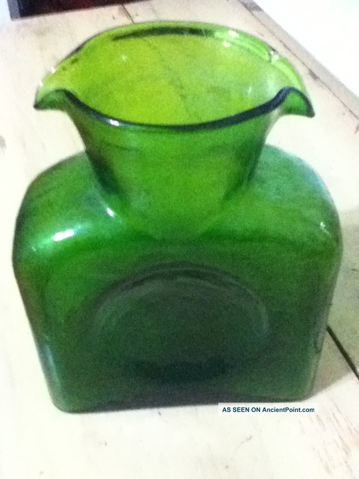 Vintage Iconic Blenko 384 Water Bottle Pitcher Double Spout Emerald Green Vases photo
