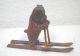 Vintage Antique Wood Carved Skiing Bulldog Figurine On Skis,  Wooden Skier Carved Figures photo 1