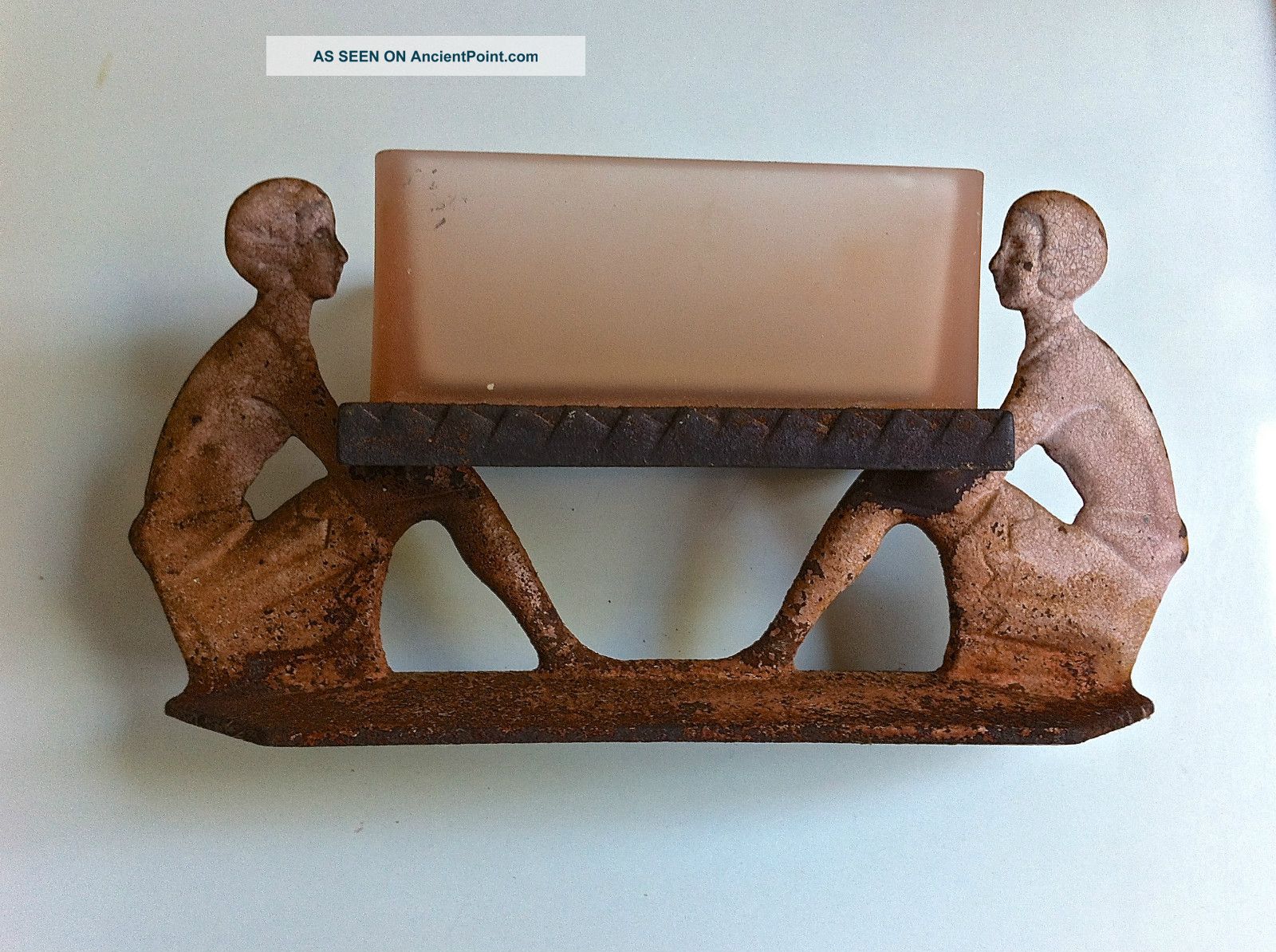 Antique Alabaster Soap Dish With Lid And Decorative Iron Figurines Other photo