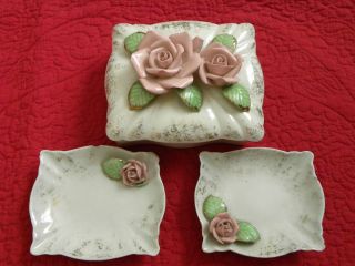 Vintage Porcelain Box W/lid And 2 Trays - Porcelain Roses On Top photo