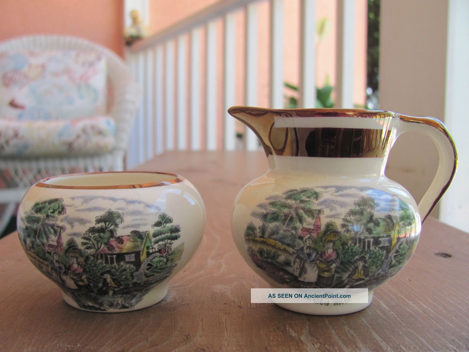 Antique Gray ' S Pottery England Sugar & Creamer Scenic ' The Old Mill ' Great Cond Creamers & Sugar Bowls photo