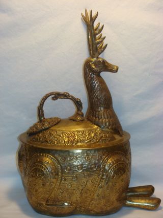 Hollywood Regency Vtg Brass Elk Stag Jewelry Box / Antique Humidor Tobacco Tin photo