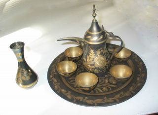Antique Brass Teapot Set W/ 6 Cups & Tray & Vase Hand - Etched In Israel photo