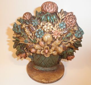 Vintage Cast Iron Basket Of Flowers Doorstop 7 