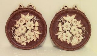 1940s 1950s Wall Hanging Flower Floral Plaques Pair Retro Home Decor photo