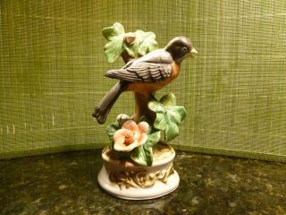 Large Figurine Of Robin & Flowers - Porcelain ? - Professionally Painted photo
