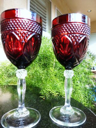 Vintage Ruby Diamond Cut Glass Wine Or Water Stemware Set Of (2) photo