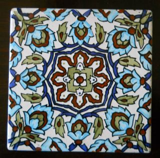 Vintage Handpainted Tile Made In Spain Ornate Classic Blue Floral Fairly Large photo