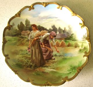 Antique Vienna Hand Painted Porcelain Plate Of Two Women Collecting Wheat Stalks photo