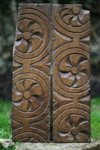 Pair Of Mid 17th C.  Oak Carved Wooden Rectangular Panels C1650 photo