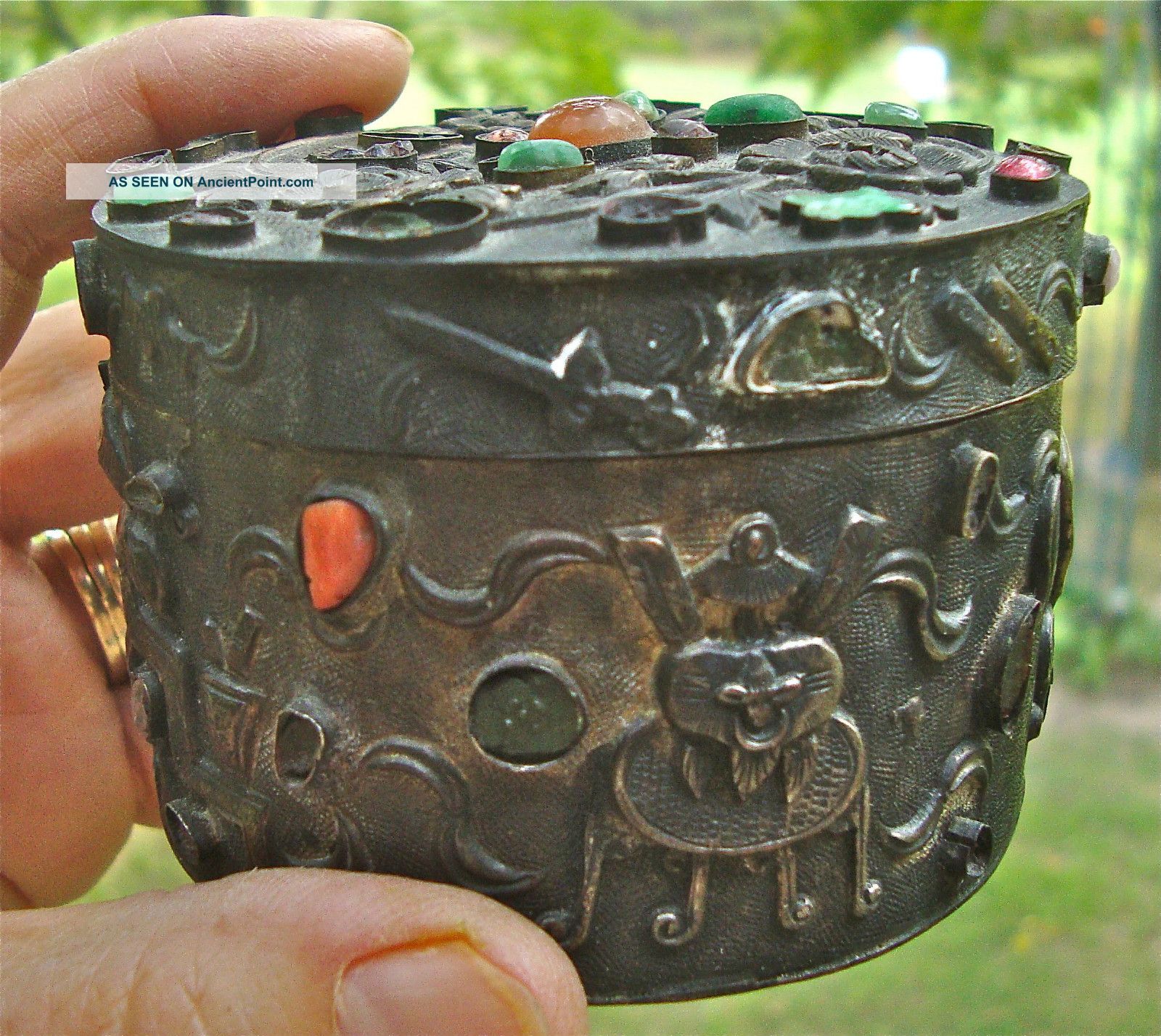 Handmade Tooled And Shaped Metal Trinket Box W/semiprecious Stones Other photo