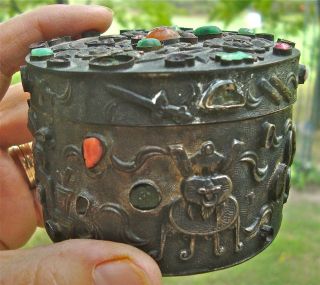 Handmade Tooled And Shaped Metal Trinket Box W/semiprecious Stones photo