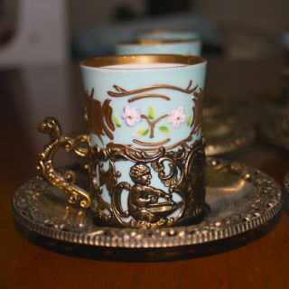 Vintage Arnart Japan Blue Porcelain & Brass Demitasse Cups & Saucers Set - 18 Pcs photo