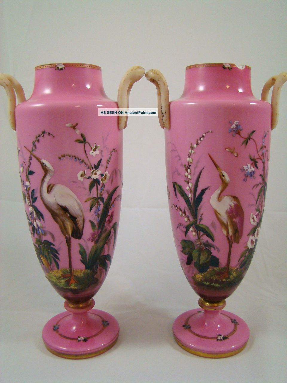 2 Large Pink Flamingo Herend Crane Bird Insects Pink Glass Bristol Enamel Vases Vases photo