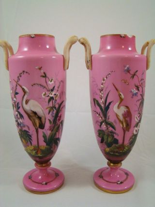 2 Large Pink Flamingo Herend Crane Bird Insects Pink Glass Bristol Enamel Vases photo
