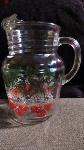 Antique 50 ' S Era Glass Pitcher With Painted Strawberry Pattern photo