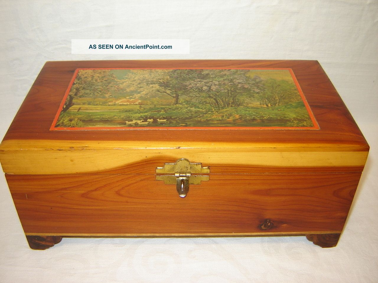 Red Cedar Keepsake Box,  Brass Latch & Hinges,  Country Scene On Cover Boxes photo