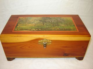 Red Cedar Keepsake Box,  Brass Latch & Hinges,  Country Scene On Cover photo