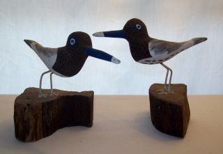 Set Of 2 Vintage/antique Wood Carved/hand Painted Shore Birds On Wood Stand photo