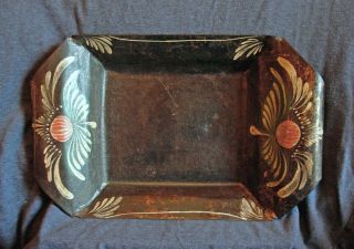 Early Primitive Folk Art Toleware Painted Stenciled Tin Tray Rolled Handles photo