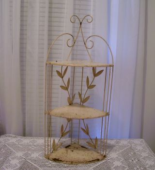Vintage Shabby Chic Three Tier Ornate Metal Corner Shelving photo