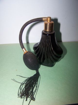 Vintage Art Deco Black Glass Perfume Bottle And Spray Atomizer Vgc 3s photo