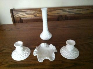 Lovely Vintage Fenton Milk Glass Candle Holders,  Dish And Vase photo