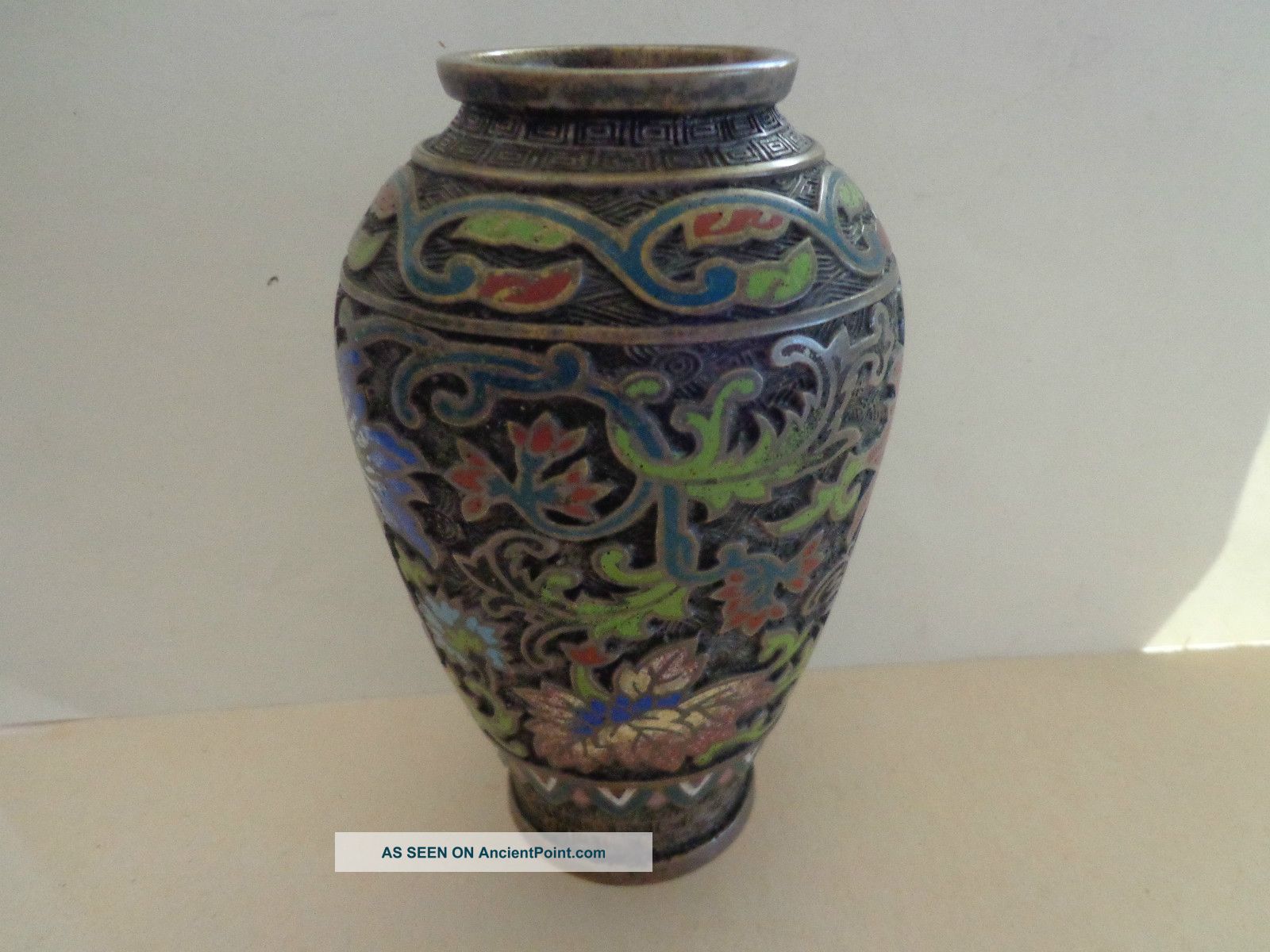 Antique Bronzed Brass Cloisonne Champleve Vase 7 1/4 