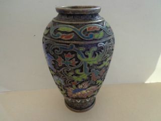 Antique Bronzed Brass Cloisonne Champleve Vase 7 1/4 