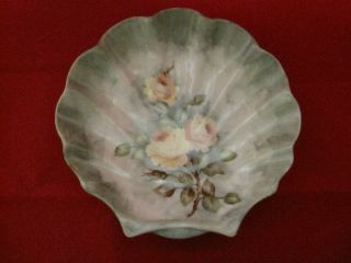 Vintage Handpainted Flowered Roses Porcelain Shell Bowl Signed M Cunnington photo