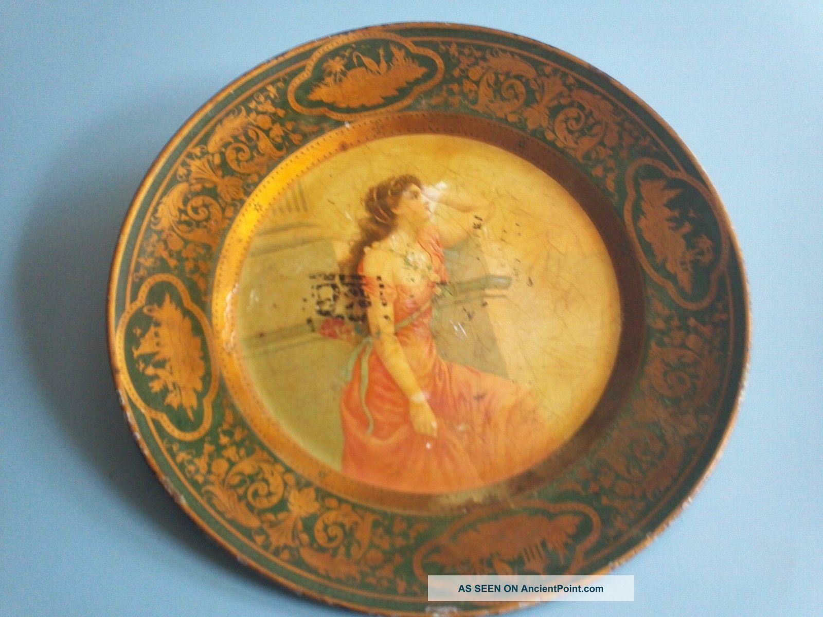 Antique Tin Art Plate Art Nouveau Posing Lady Metalware photo