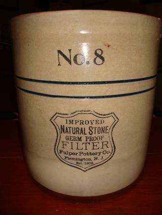 Adv.  Stoneware Crock No 8 Fulper Pottery Co. ,  Flemington,  N.  J.  Double Blue Stripe photo