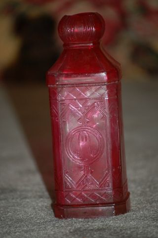 Vintage Hand Blown Glass Red Bottle With Gothic Motif 