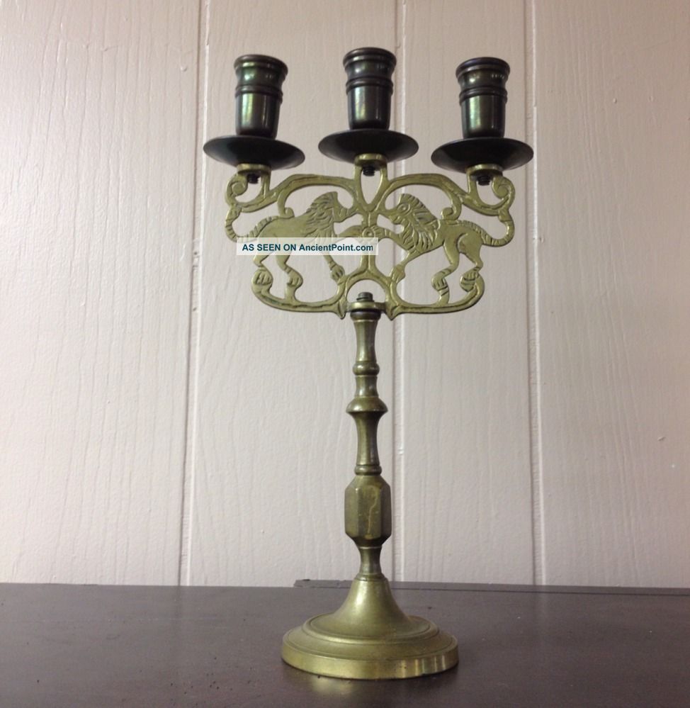 Antique Lions Of Judea Sabbath Brass Candelabra Candelabrum Judaica Metalware photo