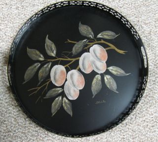 Vtg Lg.  Round Reticulated Edge Signed Hand - Painted Toleware Fruit Tray Alix photo