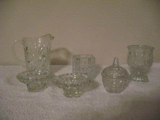 6 Pc.  Clear Glassware,  1 - Trinket Holder,  1 - Sm.  Pitcher,  4 - Candle Holders, photo