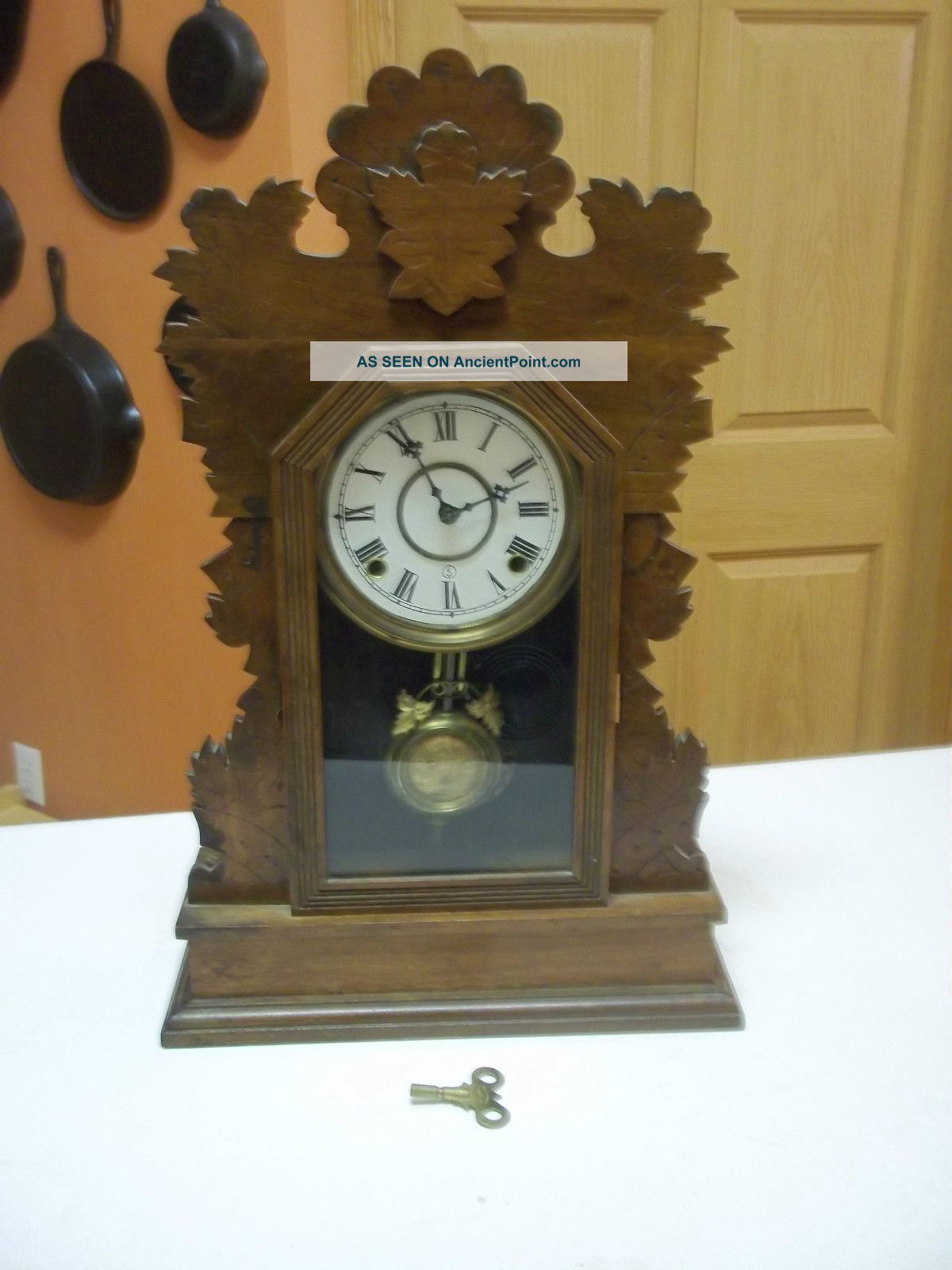 Antique Clock Gilbert Quail Ornate Walnut Working Kitchen Shelf Clock Key Clocks photo