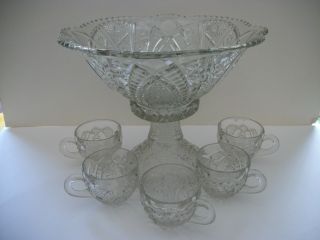 Button And Daisy Punch Bowl Set/pedestal/cups/clear Pressed Glass Feels Like Cut photo