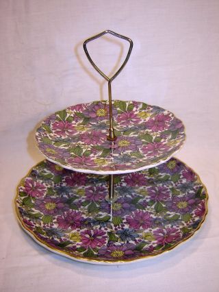 Staffordshire Tray,  Two Tiered,  Handle,  Purple Chintz,  Old Foley,  England photo